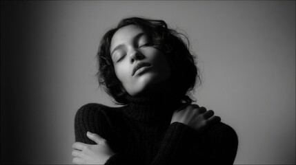 Black and white portrait of a serene young woman embracing herself with closed eyes, conveying a sense of comfort, self love, and inner peace in a cinematic style