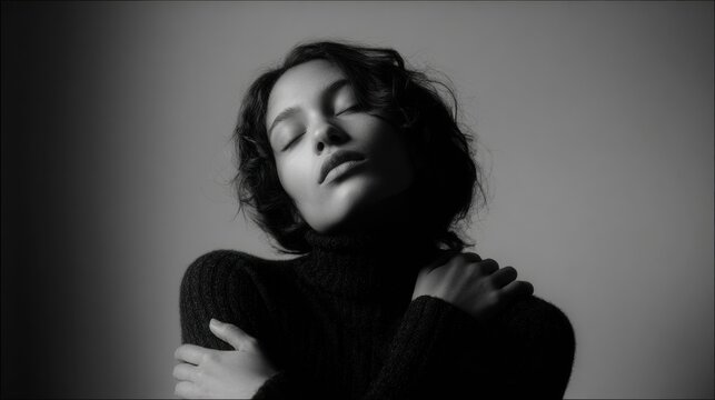 Black and white portrait of a serene young woman embracing herself with closed eyes, conveying a sense of comfort, self love, and inner peace in a cinematic style