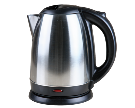 Electric kettle with stainless steel body and black plastic handle isolated on transparency background, modern kitchen appliance for boiling water quickly and safely