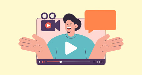 person creating video testimonial on screen, vector illustration for authentic customer stories and online brand advocacy