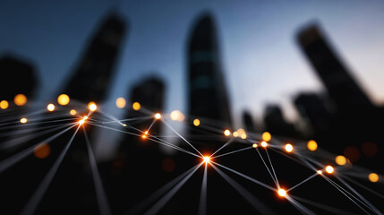 City at night with glowing cyber connections across minimalist skyline and structured dark tech background