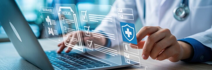 Person interacting with digital medical forms on a laptop.