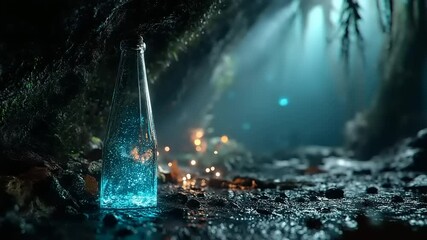 A shimmering blue liquid in a glass bottle rests on a wet surface inside a mystical cave, with soft light filtering through - Powered by Adobe