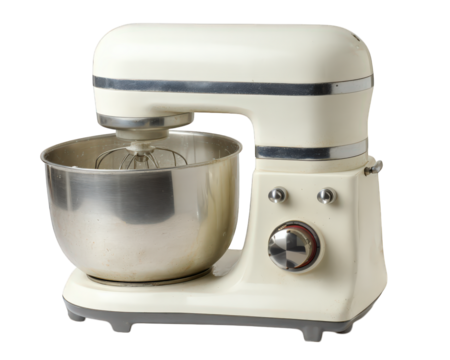 Vintage stand mixer with stainless steel bowl and control knobs, isolated on transparency background, showing classic kitchen appliance for baking and cooking tasks