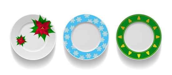 Set of realistic table plates, top view. Isolated round plates with Christmas patterns. Vector objects