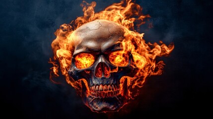Eerie Fiery Skull Surrounded by Intense Flames, Glowing Dark Background, Gothic Horror Artwork