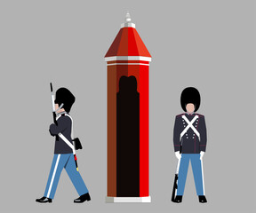 Denmark Royal Guards standing near Sentry Box. Amalienborg Palace, Copenhagen, Denmak