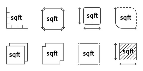 Place size measurement icon in square feet. FT2 sign symbol for building land, home, or interior floor area. Minimal vector outline