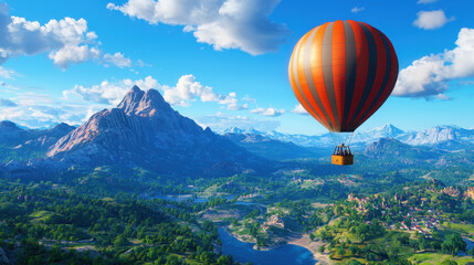 Fototapeta premium Hot air balloon ride over stunning landscape featuring mountains, rivers, and lush greenery evokes sense of adventure