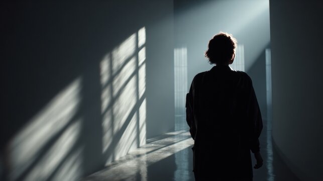 Cinematic silhouette of woman walking towards bright light in empty room with long window shadows, creating mysterious and dramatic atmosphere