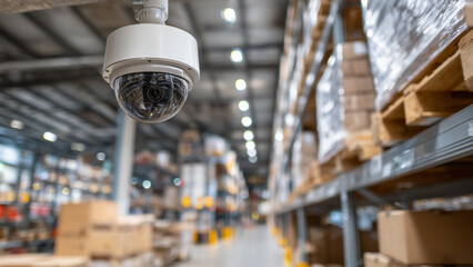 A warehouse interior shows stacked shelves under high ceilings with multiple visible surveillance cameras. The setup highlights security, operational control, and efficiency in a logistics environment