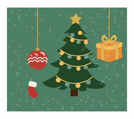 Whimsical Merry Christmas Illustration with Decorated Tree and Snowflakes-06