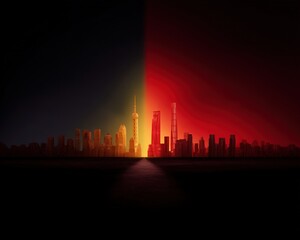 Split city skyline representing two systems of power, USA China conflict