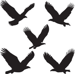 Set of five black silhouettes of eagles flying, symbolizing freedom, power, and strength, ideal for wildlife, nature, and animal-themed designs