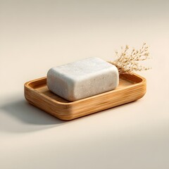 Organic soap bar on wooden tray for bathroom spa and natural skincare product