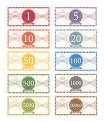 Money for game on a white background,Printable play money from 1 to 10000.banknotes design,Vector  illustrations.