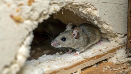 A small grey mouse emerges from a hole in the wall, looking around cautiously. The scene is filled with alertness and hidden activity. Perfect for pest and home themes.