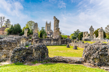 A view of the Abbey ruins and the cathedral at Bury Saint Edmunds on a bright day in springtime