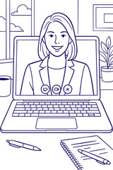 Woman on video call displayed on laptop screen line art style