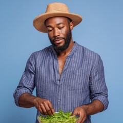 Fototapeta premium Man in straw hat prepares salad ingredients in bowl. Healthy eating, fresh produce, home cooking, culinary lifestyle.