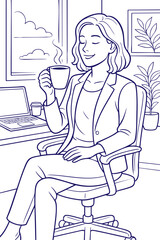 Businesswoman relaxing with coffee in office line art illustration