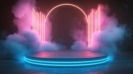 Neon light stage with smoke and circular platform