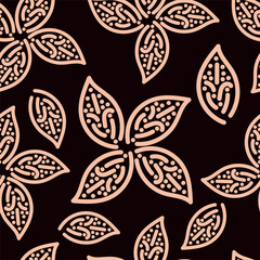 Seamless floral pattern, colorful ditsy print, abstract ornament in retro folk motif. Pretty decorative art botanical design of hand drawn large, small flowers, leaves, wild herbs. Vector illustration