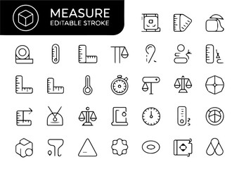 Collection of editable stroke line icons representing measurement tools and concepts, including rulers, thermometers, scales, dials, and scientific instruments, displayed on a white background.