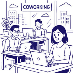 People working in coworking space line art illustration
