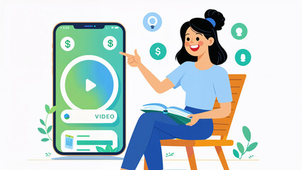 Young woman engaging with online video content on a mobile phone illustration