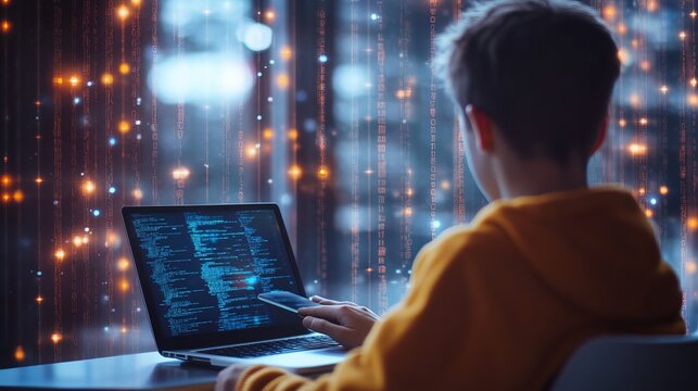 A boy uses a laptop and smartphone, illustrating the intersection of binary data processing and cybersecurity in education.  The image shows a rear view, emphasizing the digital aspects.
 