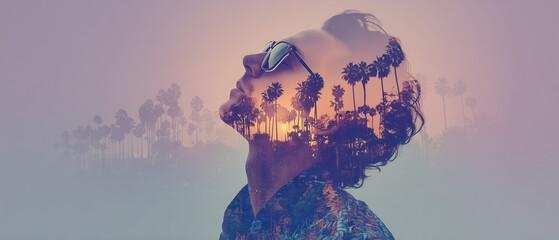 double exposure aesthetic design with carefree holiday maker profile and tropical paradise scenery; concept of summer travel