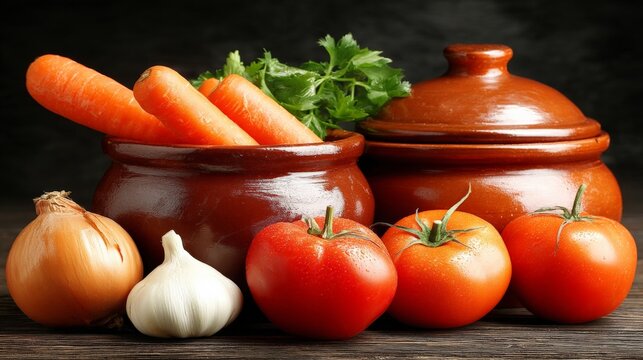 Fresh vegetables including carrots garlic and tomatoes arranged in traditional clay pots on a dark background