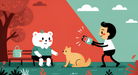 Fototapeta premium Illustration of a man taking a photo of a dog while a bear character sits on a bench in a colorful park setting, showcasing playful interaction and vibrant surroundings