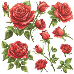 A Set Of Red Roses In Vector. Perfect For Valentine’S Day Cards, Wedding Invitations, Wallpapers, And Decorative Design Elements.
