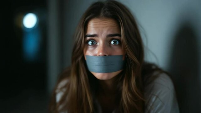 Scared woman with her mouth taped shut sitting in a dimly lit room  
