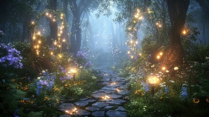Magical forest path with glowing lights