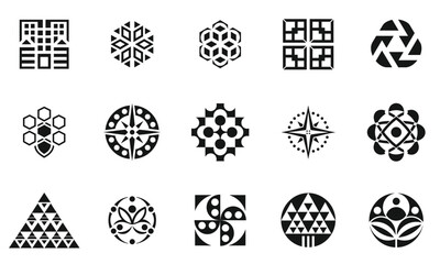 A diverse collection of intricate geometric logos featuring various shapes such as stars, circles, and triangles in bold black on a white background.