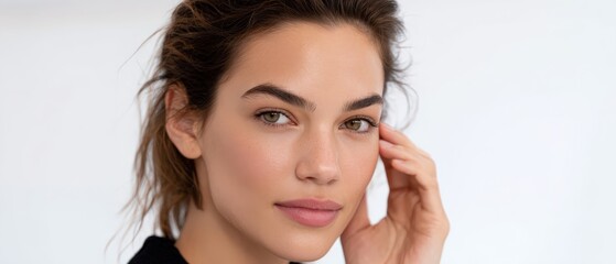 Obraz premium Woman gently touches her face with a thoughtful expression. Beauty and skincare, natural elegance, healthy lifestyle, self-care routine.