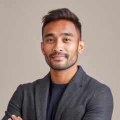 Fototapeta premium Man in a suit looks at camera with arms crossed. Business portrait, confidence, professional success, leadership, modern lifestyle, corporate headshot.