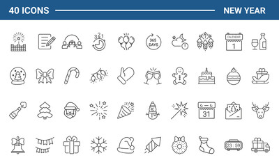 New year set of web icons in line style. Merry Christmas and Happy New Year linear icon collection. Containing winter, xmas, celebration, party, birthday, event, santa, tree, snow. Editable stroke