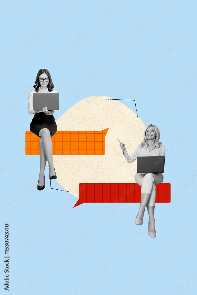 Poster creative image collage of two people manager sit work computer speaking on blue color background
