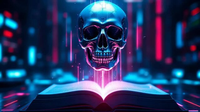 Floating metal skull above open book in neon light futuristic concept