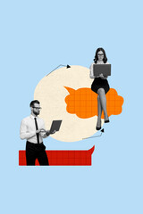Creative banner collage of two people manager girl guy chatting with netbook