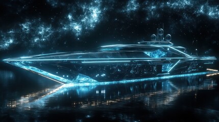 Futuristic, glowing yacht on dark water, starry background