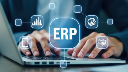 Hands typing on a laptop with an enterprise resource planning concept overlaid.