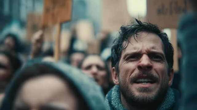 Multiracial immigrants protesting against government laws at city street - Riot, demonstration and activist concept - Model by AI generative