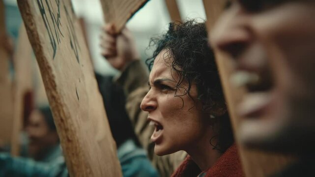 Multiracial immigrants protesting against government laws in the city - Riot, demonstration and activist concept - Model by AI generative