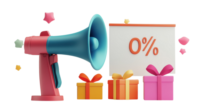 A vibrant megaphone displays zero percent discounts next to colorful gift boxes ready for celebration