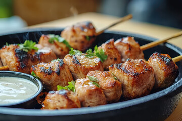 Fototapeta premium Delicious plate of grilled pork skewers garnished with fresh herbs, served with creamy dipping sauce, perfect for sharing